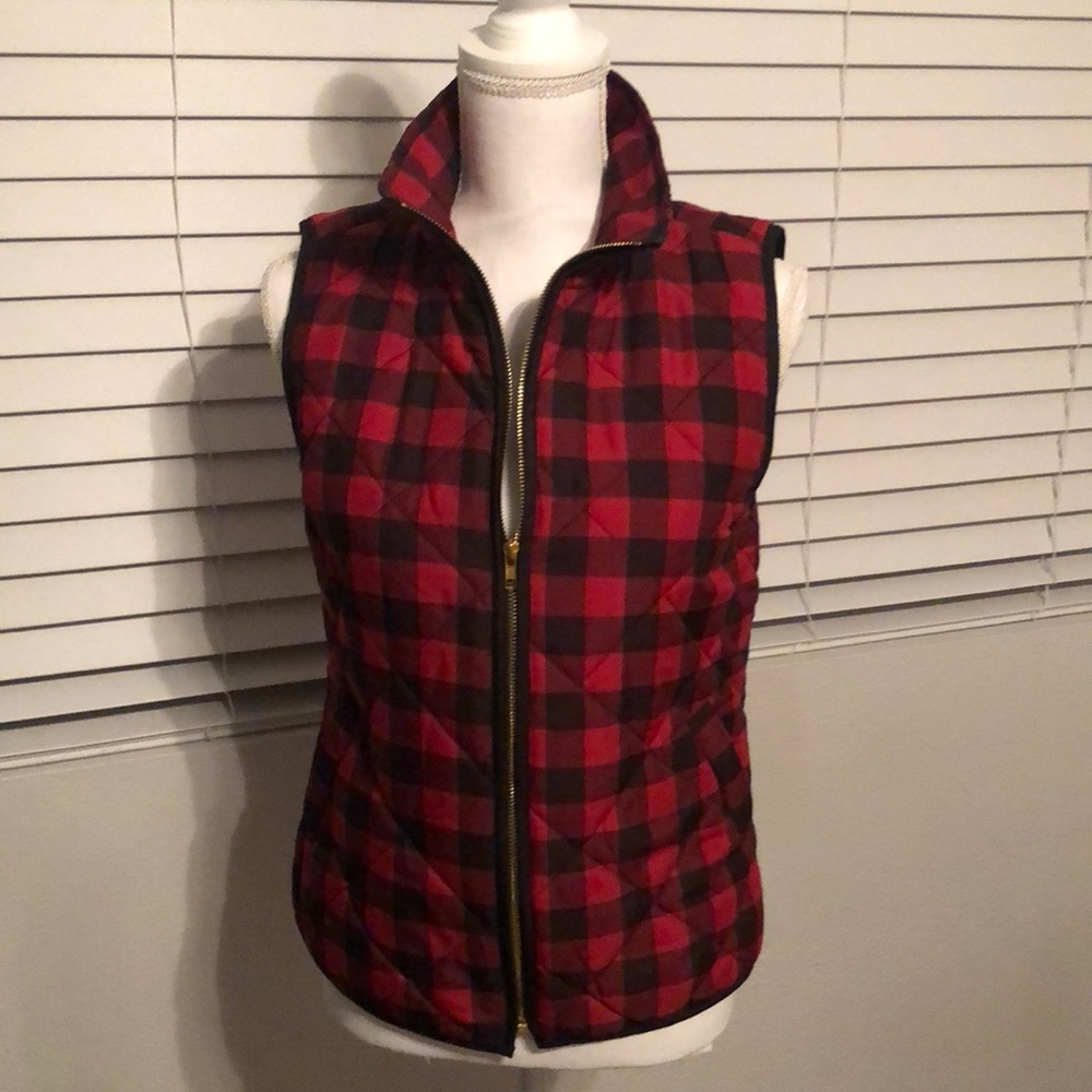 Red/black plaid vest with gold zipper